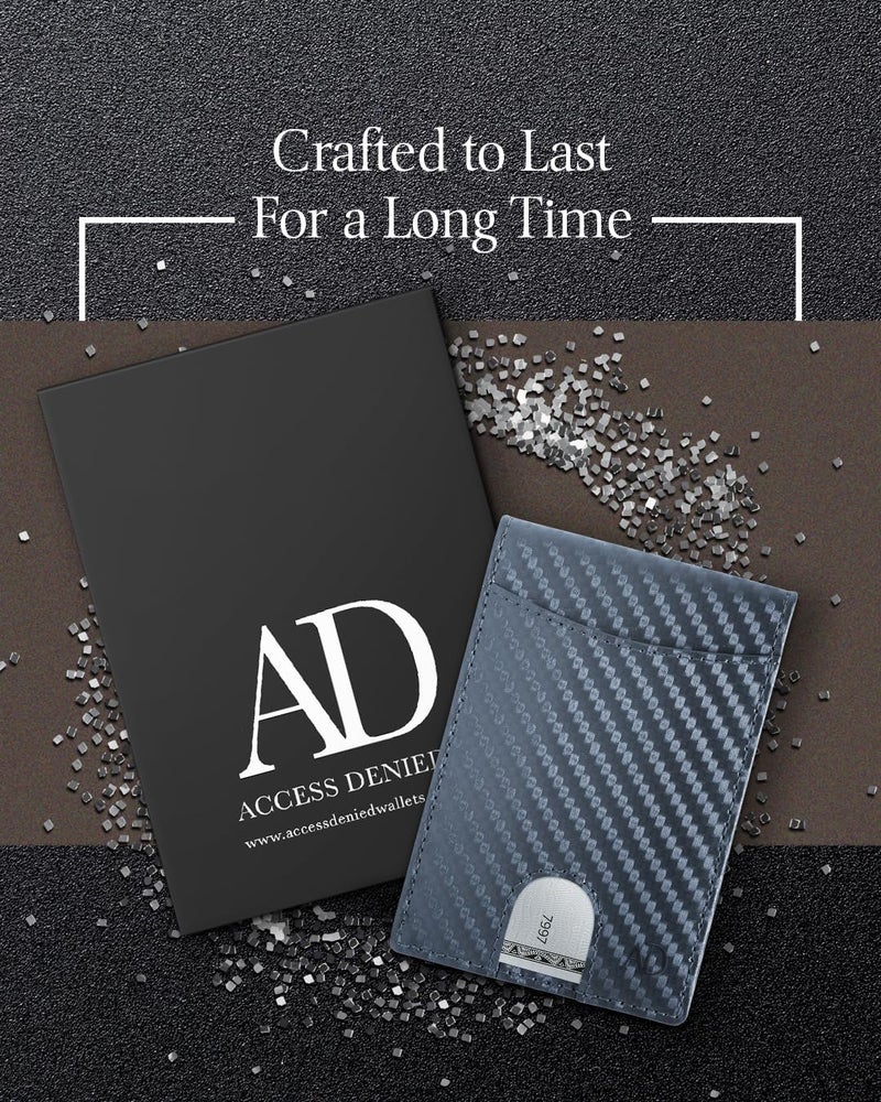 Access Denied Leather Carbon Fiber Wallets For Men - Navy Blue Money Clip Bifold Mens Wallet RFID Front Pocket Thin Credit Card Holder - Gifts For Men - Image 5